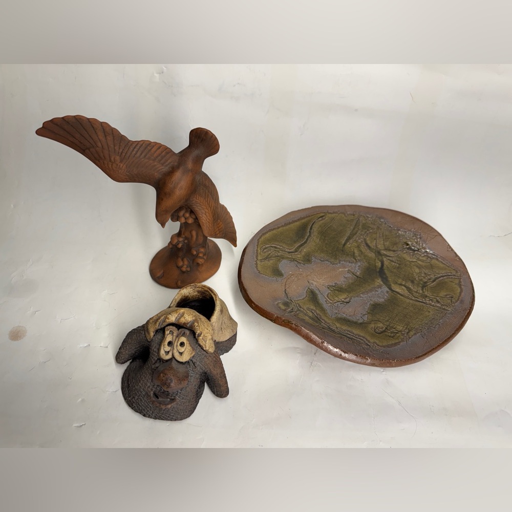 Pottery Rustic Brown Sculpture Set Bird, trinket plate & ugly head lot of 3